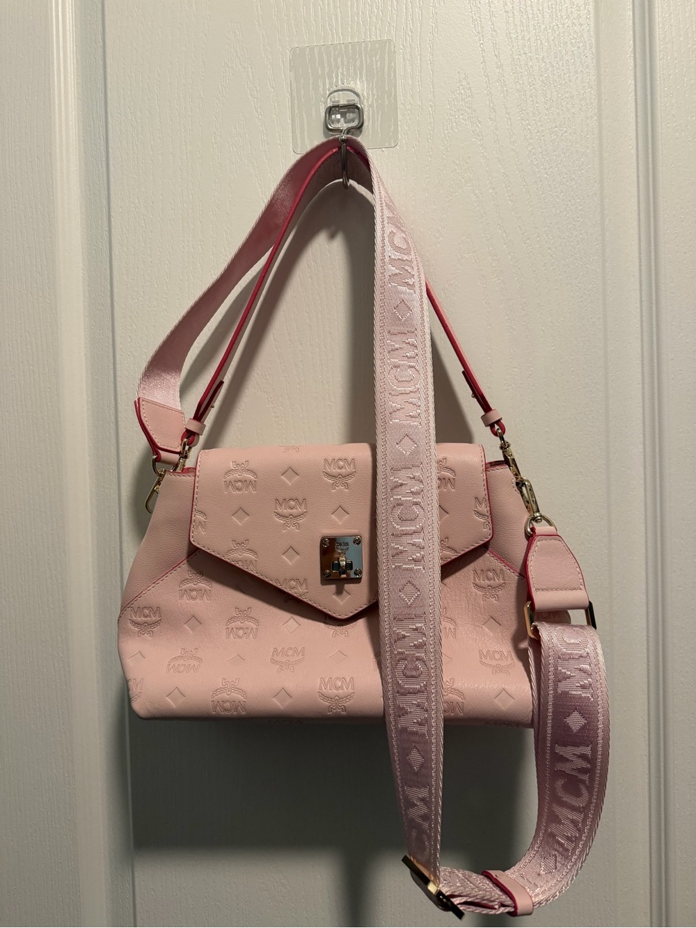 MCM Light Pink Leather Shoulder Bag with Logo Webbing Strap
